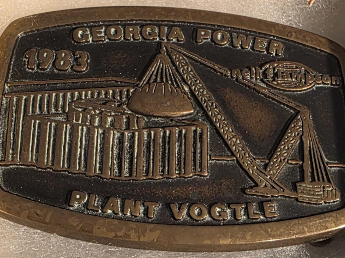 Vintage 1982 Metal Belt Buckle, Brass, Georgia Power Plant, Vogtle, Nice Western Design
