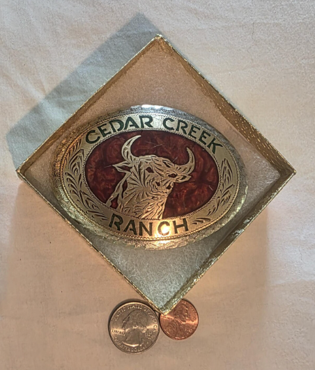 Vintage Metal Belt Buckle, Brass and Silver, Bull, Steer, Cedar Creek Ranch, Nice Western Design