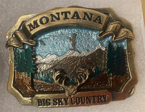 Vintage 1980 Metal Belt Buckle, Brass, Montana, Big Sky Country, Nice Western Design, 3" x 2", Heavy Duty, Quality, Thick Metal, For Belts