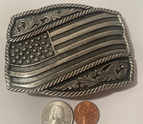 Vintage Metal Belt Buckle, Montana Silversmiths, American Flag, Nice Western Design, 3 3/4" x 3", Heavy Duty, Quality, Thick Metal