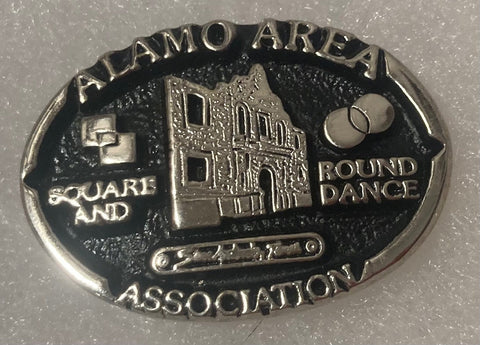 Vintage Metal Brooch, Pin, Silver and Black, Alamo Area Association, Texas, Square Dance and Round Dance, Nice Western Design