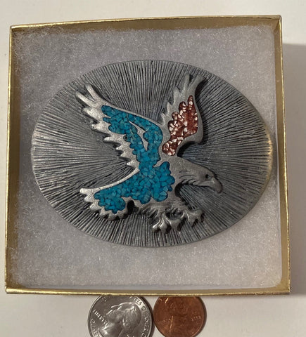 Vintage Metal Belt Buckle, Nice American Bald Eagle with Blue and Red Crushed Malachite Turquoise Stones Design, Nice Western Design