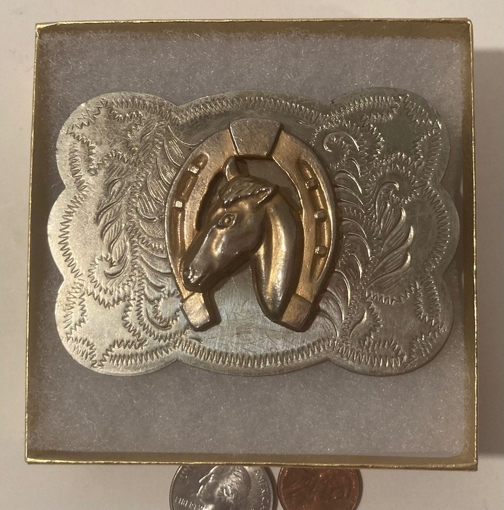 Vintage Metal Belt Buckle, Nice Nickel Silver and Brass, Horse and Horseshoe Design, Nice Western Design, 3 1/4" x 2 1/4", Heavy Duty