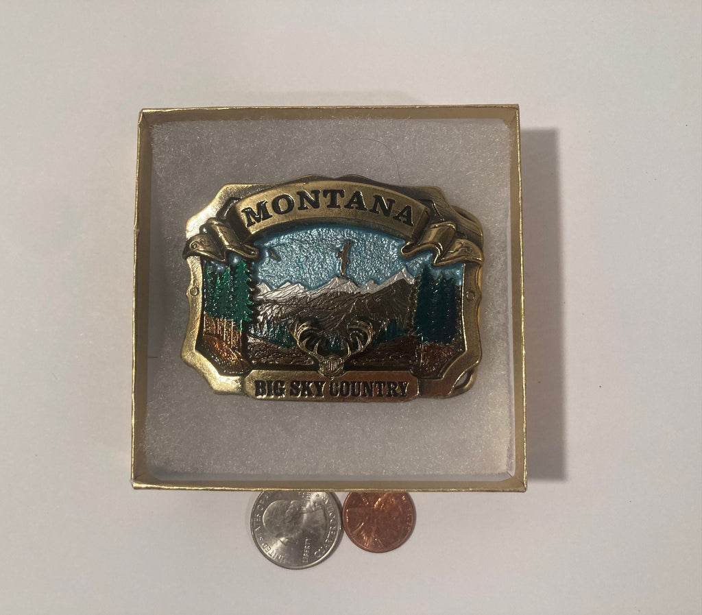 Vintage 1980 Metal Belt Buckle, Brass, Montana, Big Sky Country, Nice Western Design, 3" x 2", Heavy Duty, Quality, Thick Metal, For Belts