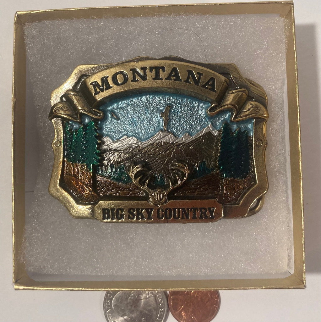 Vintage 1980 Metal Belt Buckle, Brass, Montana, Big Sky Country, Nice Western Design, 3" x 2", Heavy Duty, Quality, Thick Metal, For Belts