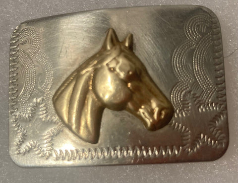 Vintage Metal Belt Buckle, Silver and Brass, Horse, Small Size, Nice Western Design, 2" x 1 1/4", Heavy Duty, Quality