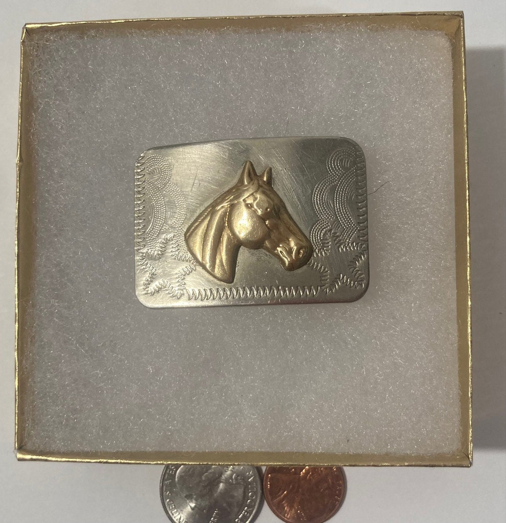 Vintage Metal Belt Buckle, Silver and Brass, Horse, Small Size, Nice Western Design, 2" x 1 1/4", Heavy Duty, Quality