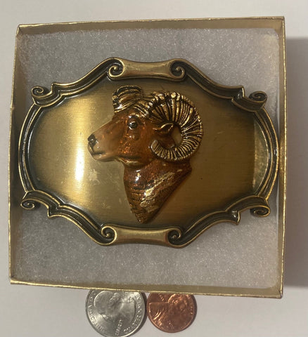 Vintage 1980 Metal Belt Buckle, Brass, Raintree, Mountain Ram, Goat, Wildlife, Nice Western Design, 3 1/2" x 2 1/2", Heavy Duty