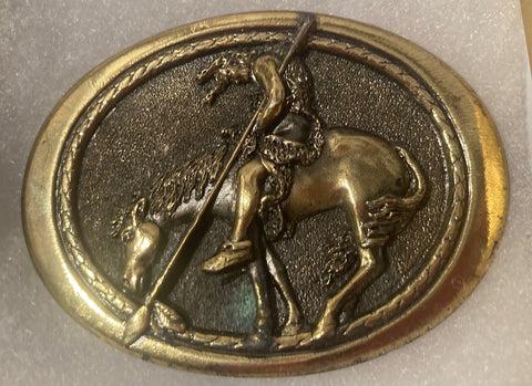 Vintage 1982 Metal Belt Buckle, Brass, Cowboy End of the Trail, Nice Western Design, 3" x 2 1/4", Heavy Duty, Made in USA, Quality