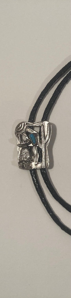 Vintage Metal Bolo Tie, Nice Silver and Blue Turquoise Stone Design, Cactus, Man, Nice Western Design, 1 3/4" x 1 1/2", Quality