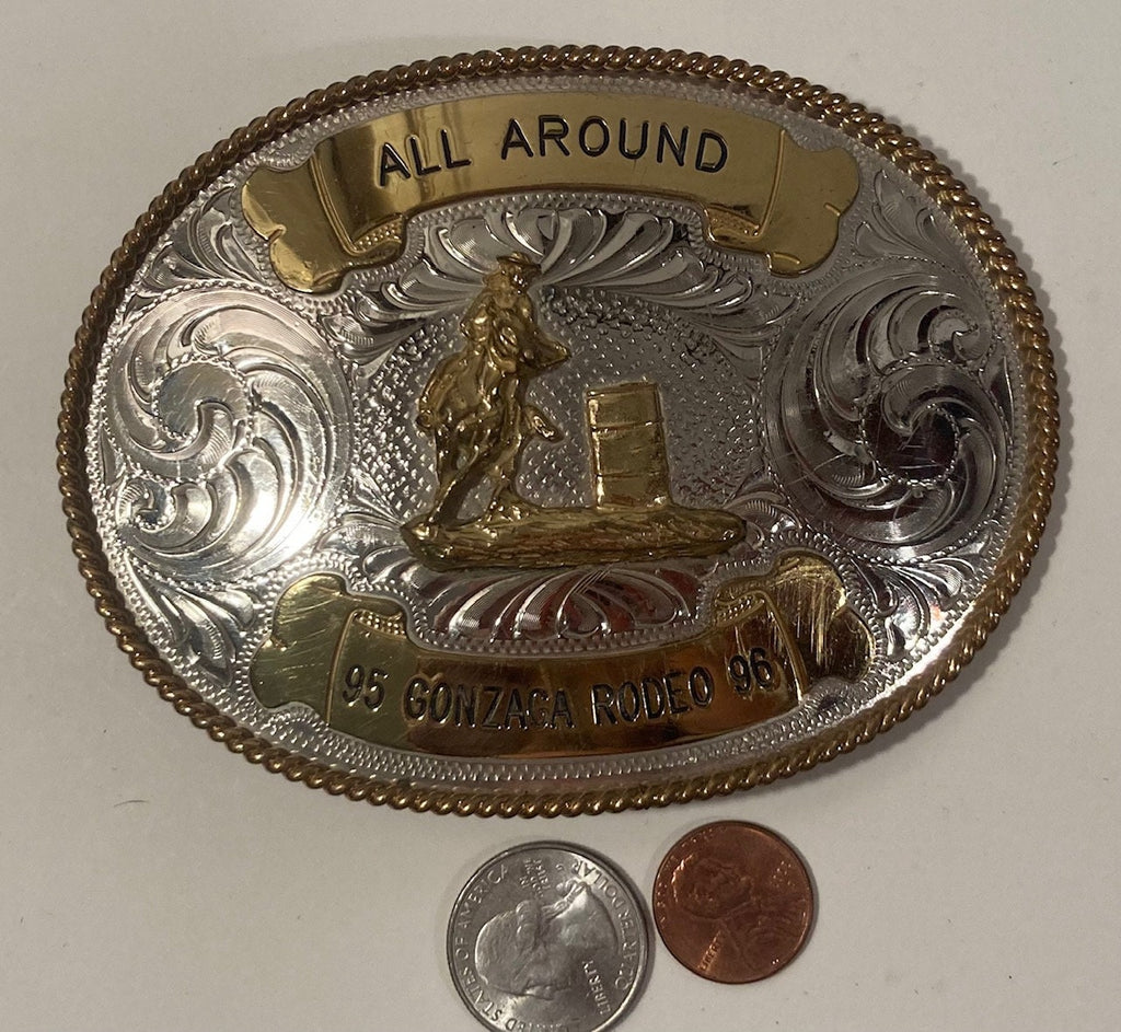 Vintage 1996 Metal Belt Buckle, Silver and Brass, Barrel Racing, All Around, Gonzaga Rodeo, Montana Silversmiths, Big Size