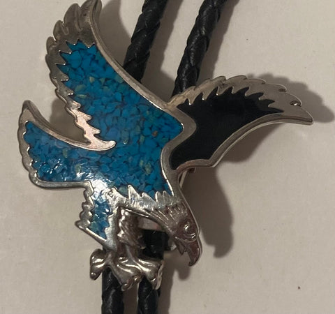 Vintage Metal Bolo Tie, Silver and Blue Turquoise Eagle, Black Enamel, Nice Western Design, 2" x 2", Quality, Heavy Duty