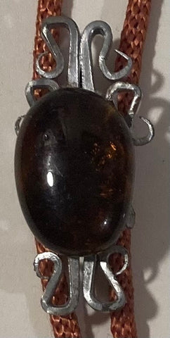 Vintage Metal Bolo Tie, Nice Brown Clear Oval Stone Design, Nice Western Design, 1 3/4" x 3/4", Quality, Heavy Duty