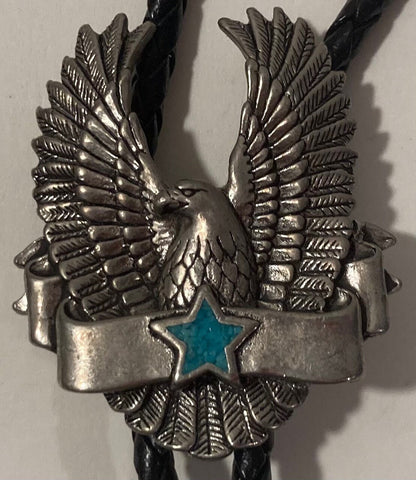 Vintage Metal Bolo Tie, Nice American Bald Eagle and Turquoise Crushed Stones Star Design, Nice Western Design, 2" x 1 1/2", Quality, Heavy