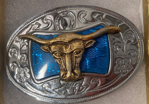 Vintage Metal Belt Buckle, Nice Longhorn Bull Design, Cow, Steer, Blue, Nice Western Design, 3 1/2" x 2 1/4", Heavy Duty, Quality