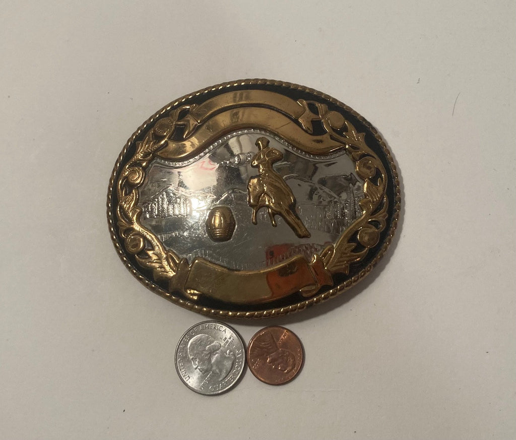 Vintage Metal Belt Buckle, Silver and Brass, Barrel Racing, Paint, Rodeo, Nice Western Design, 4" x 3 1/4", Heavy Duty, Quality