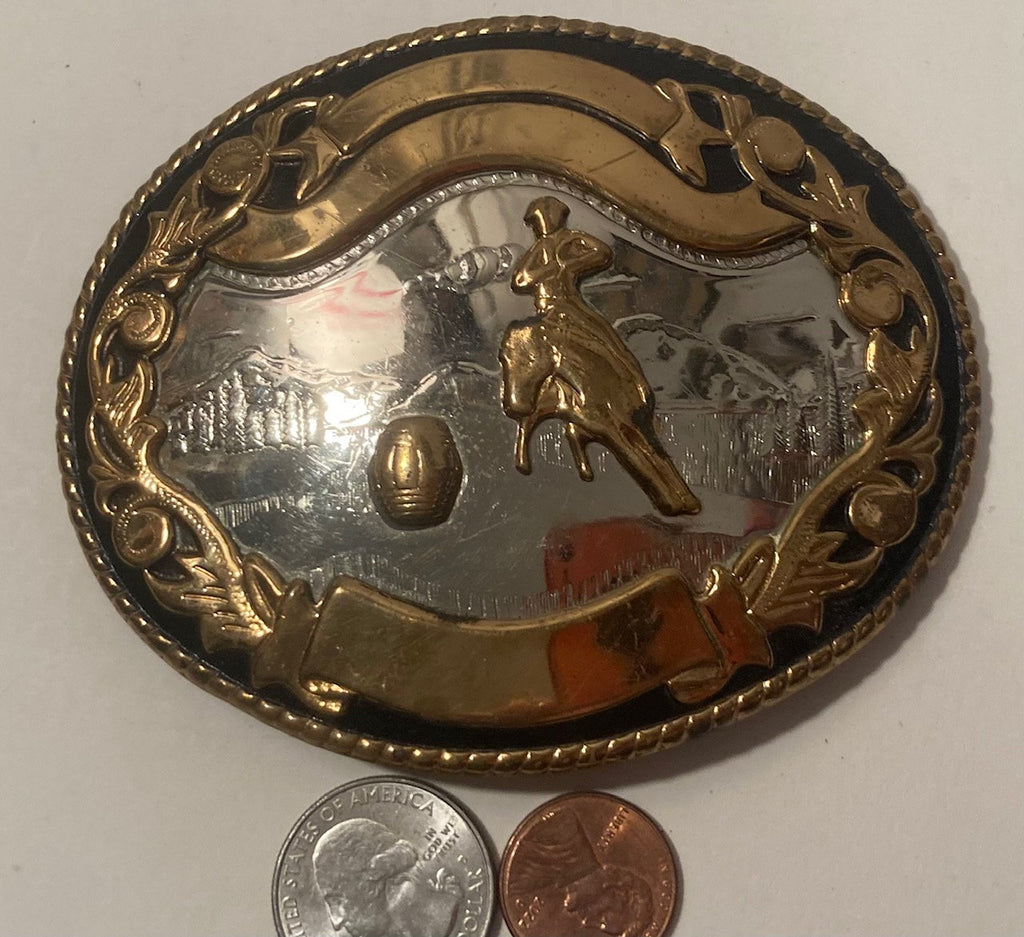 Vintage Metal Belt Buckle, Silver and Brass, Barrel Racing, Paint, Rodeo, Nice Western Design, 4" x 3 1/4", Heavy Duty, Quality