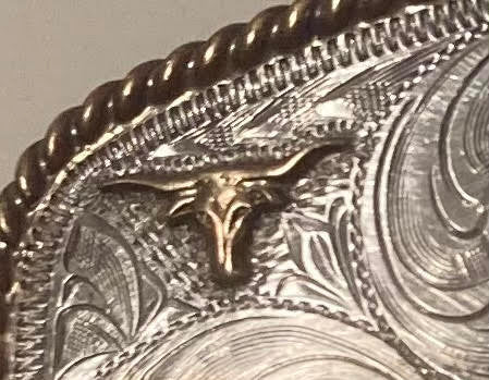 Vintage Metal Belt Buckle, Silver and Brass, Long, Big Size, Bull, Longhorn, Nice Western Design, 5 1/4" x 3", Heavy Duty, Quality