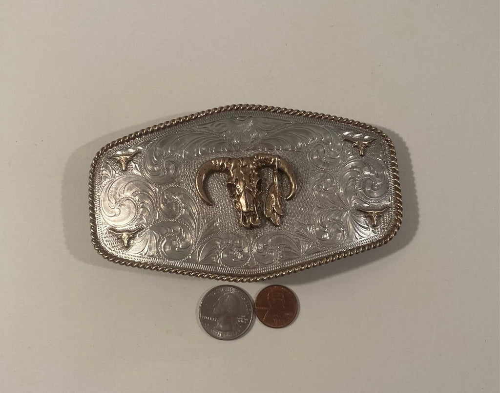 Vintage Metal Belt Buckle, Silver and Brass, Long, Big Size, Bull, Longhorn, Nice Western Design, 5 1/4" x 3", Heavy Duty, Quality