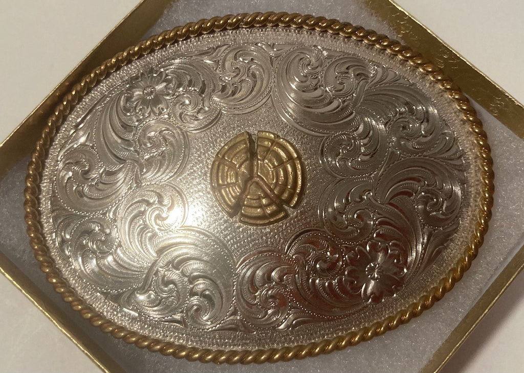 Vintage Metal Belt Buckle, Nice Silver and Brass, Montana Silversmiths, Logging, Woodsman, Lumber, Tree, Nice Western Design