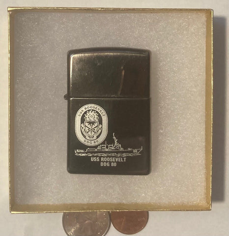 Vintage Metal Zippo, U.S.S. Roosevelt DDG-80, Destroyer Ship, Navy, Command Lighter, Zippo, Made in USA, Cigarettes