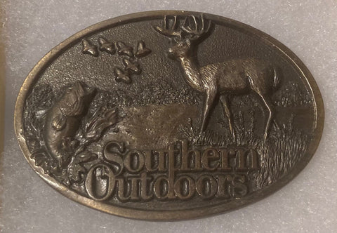 Vintage Metal Belt Buckle, Brass, Southern Outdoors, Magazine, Buck, Deer, Nice Western Design, 3" x 2", Heavy Duty, Quality, Thick Metal