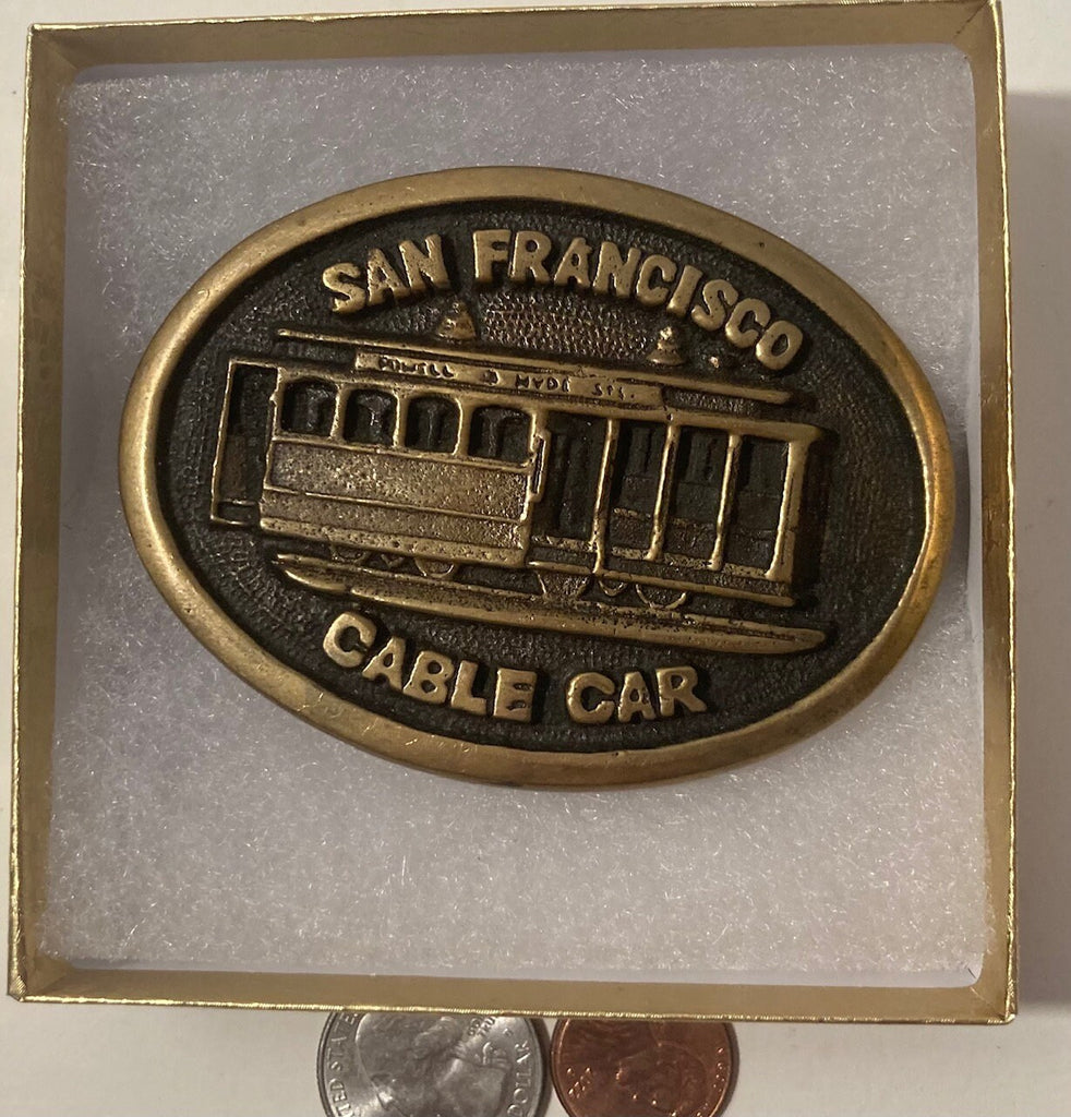 Vintage 1978 Metal Belt Buckle, Brass, San Francisco Cable Car, Nice Western Design, 3 1/4" x 2 1/4", Heavy Duty, Quality, Thick Metal