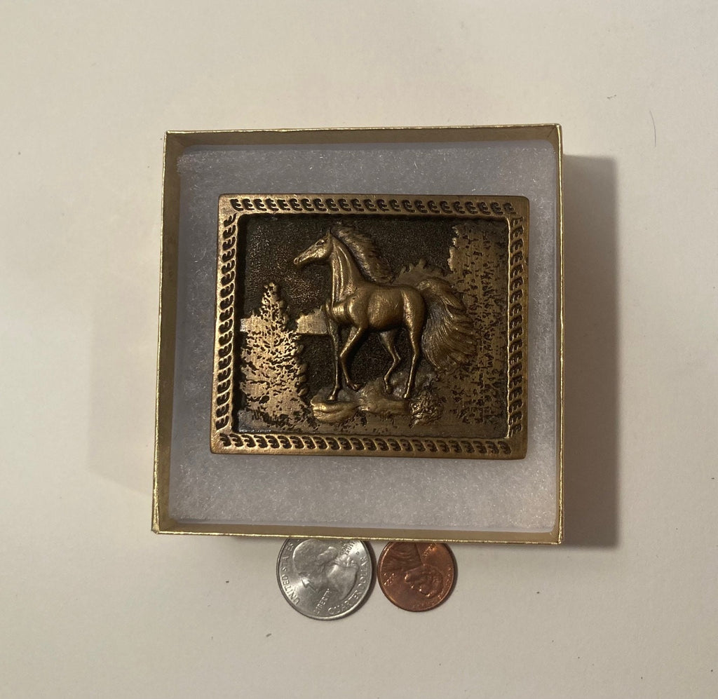 Vintage 1977 Metal Belt Buckle, Brass, Horse, Stallion, Nice Western Design, 3" x 2 1/4", Heavy Duty, Quality, Made in USA