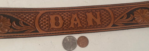 Vintage Leather Belt, Hand Tooled, Dan, Danny, Daniel, Belts, Quality, Made in USA, Size 34 to 37, Country and Western, Western Wear