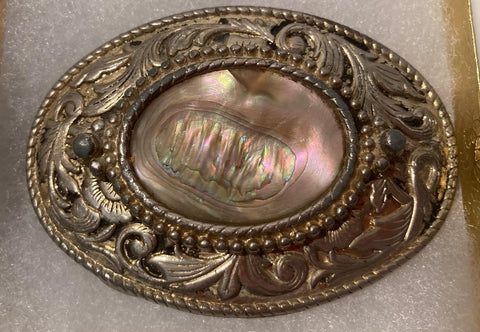 Vintage Metal Belt Buckle, Nice Abalone Design, Heavy Duty, Quality, Thick Metal, 3 1/4" x 2 1/4", Made in USA, For Belts, Fashion