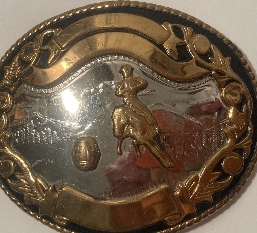 Vintage Metal Belt Buckle, Silver and Brass, Barrel Racing, Paint, Rodeo, Nice Western Design, 4" x 3 1/4", Heavy Duty, Quality