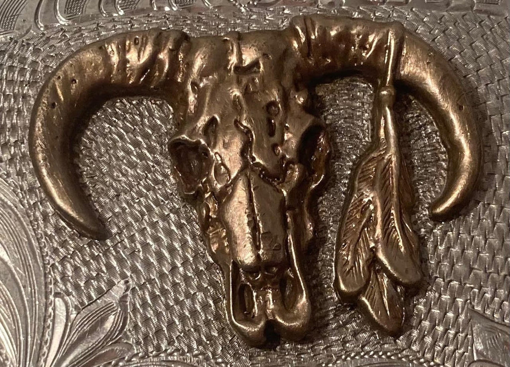 Vintage Metal Belt Buckle, Silver and Brass, Long, Big Size, Bull, Longhorn, Nice Western Design, 5 1/4" x 3", Heavy Duty, Quality