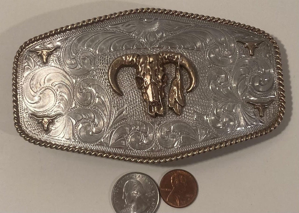 Vintage Metal Belt Buckle, Silver and Brass, Long, Big Size, Bull, Longhorn, Nice Western Design, 5 1/4" x 3", Heavy Duty, Quality