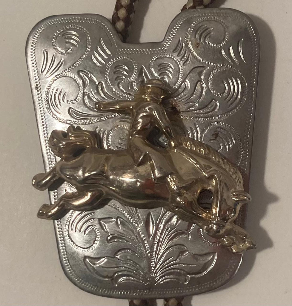 Vintage Metal Bolo Tie, Nice Silver and Brass, Bronco Busting, Nice Western Design, 2 1/4" x 2", Quality, Heavy Duty