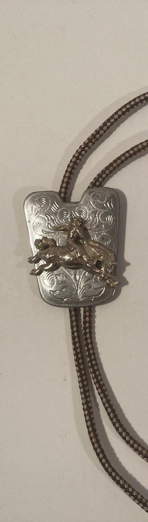 Vintage Metal Bolo Tie, Nice Silver and Brass, Bronco Busting, Nice Western Design, 2 1/4" x 2", Quality, Heavy Duty