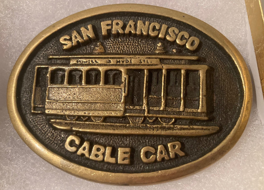 Vintage 1978 Metal Belt Buckle, Brass, San Francisco Cable Car, Nice Western Design, 3 1/4" x 2 1/4", Heavy Duty, Quality, Thick Metal