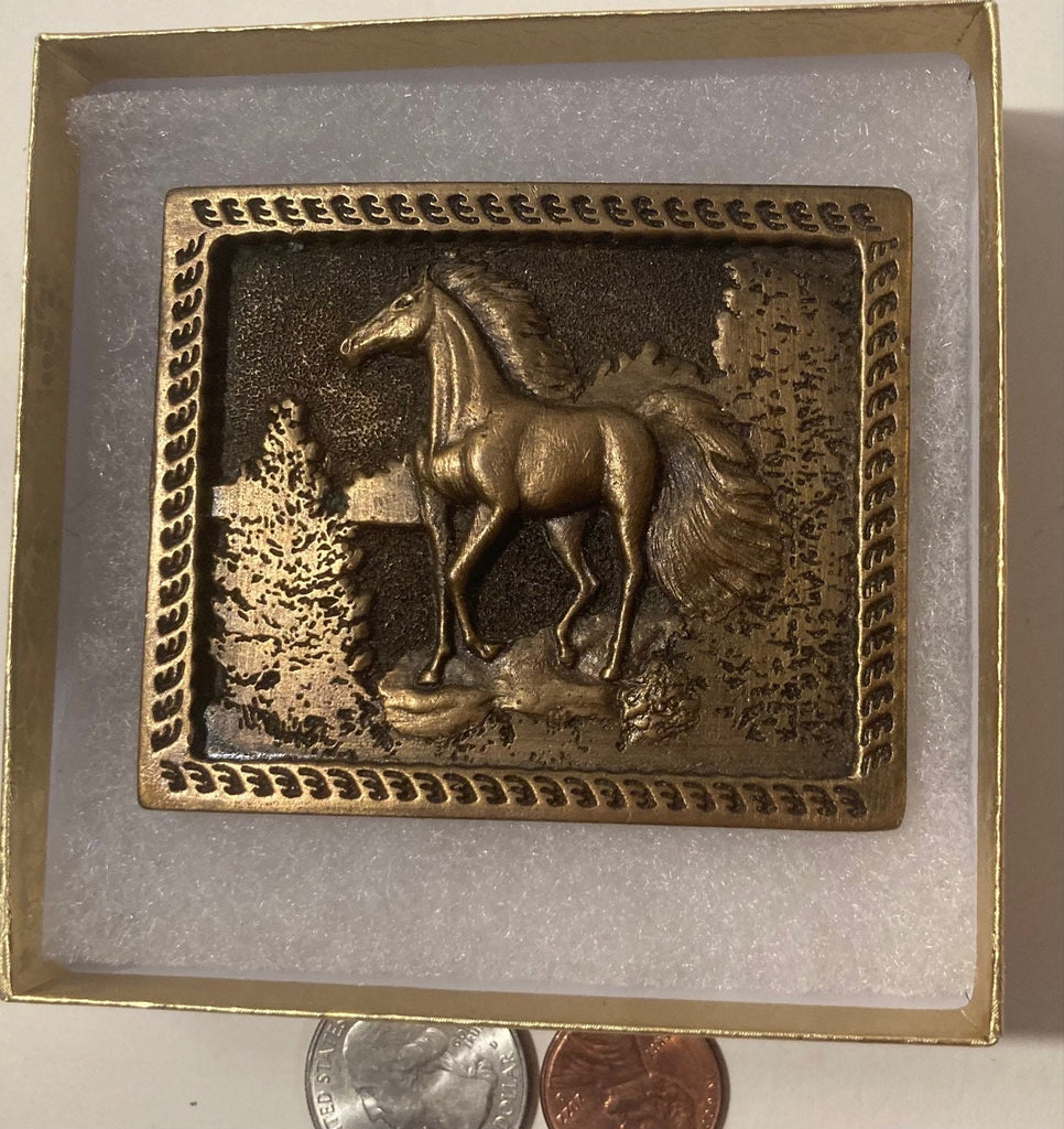 Vintage 1977 Metal Belt Buckle, Brass, Horse, Stallion, Nice Western Design, 3" x 2 1/4", Heavy Duty, Quality, Made in USA