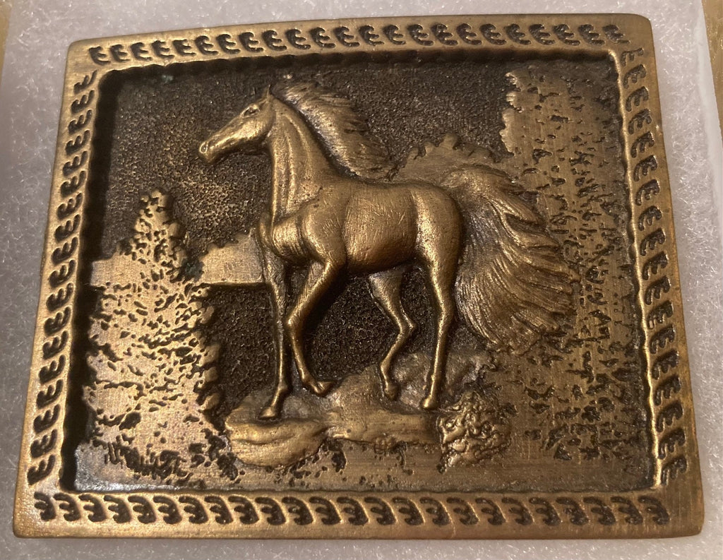 Vintage 1977 Metal Belt Buckle, Brass, Horse, Stallion, Nice Western Design, 3" x 2 1/4", Heavy Duty, Quality, Made in USA