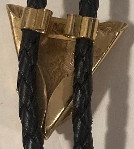 Vintage Metal Bolo Tie, Brass Tip with Nice Sparkly Crystal Stones, Nice Western Design, 1 1/4" x 1", Quality, Heavy Duty