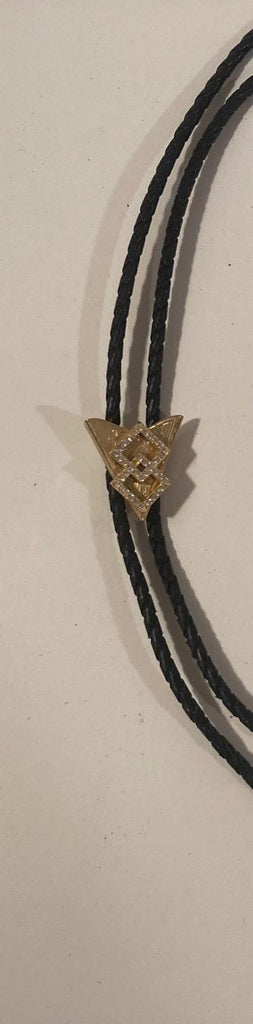 Vintage Metal Bolo Tie, Brass Tip with Nice Sparkly Crystal Stones, Nice Western Design, 1 1/4" x 1", Quality, Heavy Duty