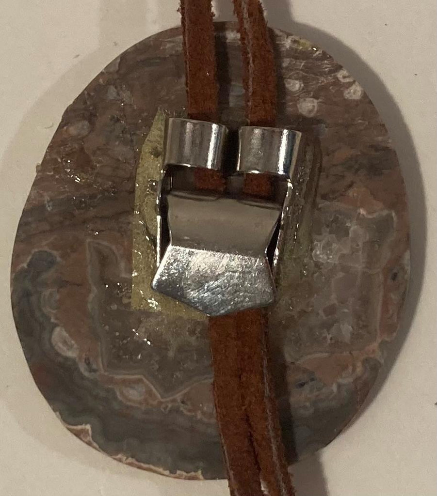 Vintage Metal Bolo Tie, Nice Brown and Gray Stone Design, Nice Western Design, 2" x 1 3/4", Quality, Heavy Duty