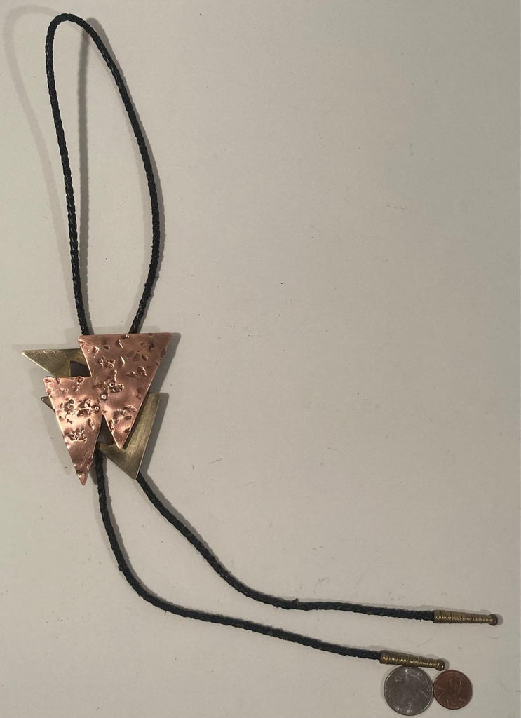 Vintage Metal Bolo Tie, Nice Copper and Brass, Hammered, Lightning, Nice Western Design, 3" x 3", Quality, Heavy Duty