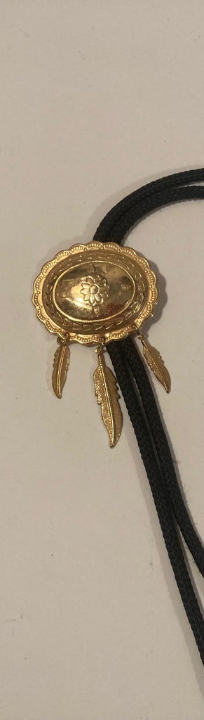 Vintage Metal Bolo Tie, Nice Brass Design with Gold Feathers, Nice Western Design, 3" x 1 3/4", Quality, Heavy Duty