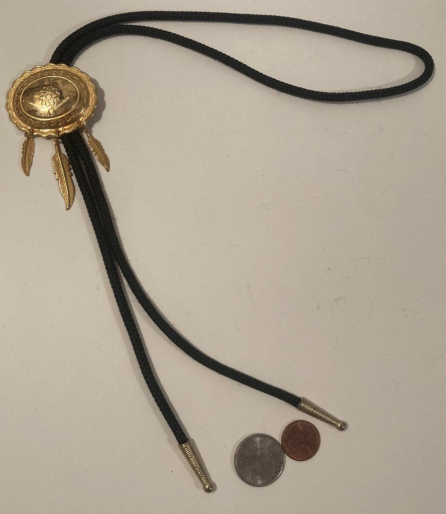 Vintage Metal Bolo Tie, Nice Brass Design with Gold Feathers, Nice Western Design, 3" x 1 3/4", Quality, Heavy Duty