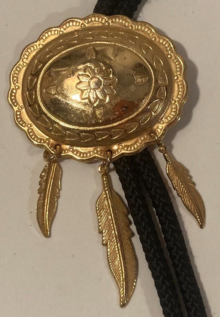 Vintage Metal Bolo Tie, Nice Brass Design with Gold Feathers, Nice Western Design, 3" x 1 3/4", Quality, Heavy Duty