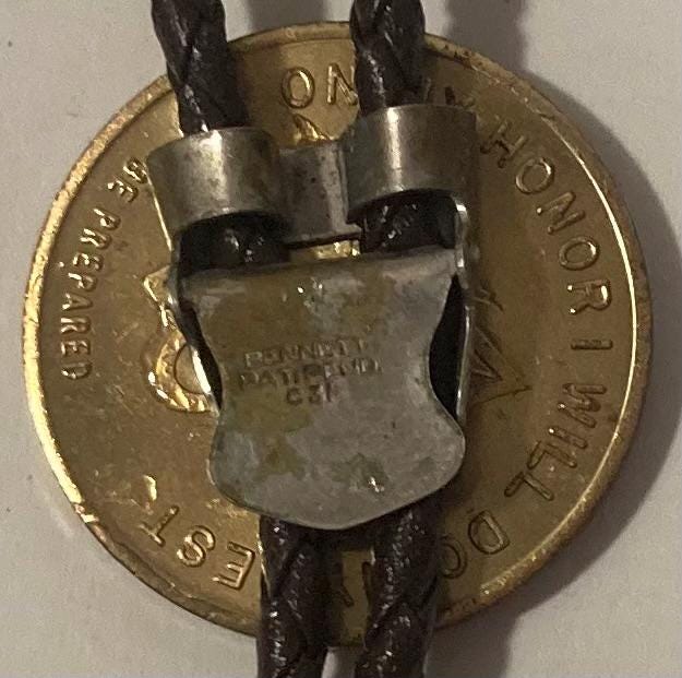 Vintage Metal Bolo Tie, Nice Brass I Promise To Do Good, Be Prepared, Nice Western Design, 1 1/2" x 1 1/2", Quality, Heavy Duty