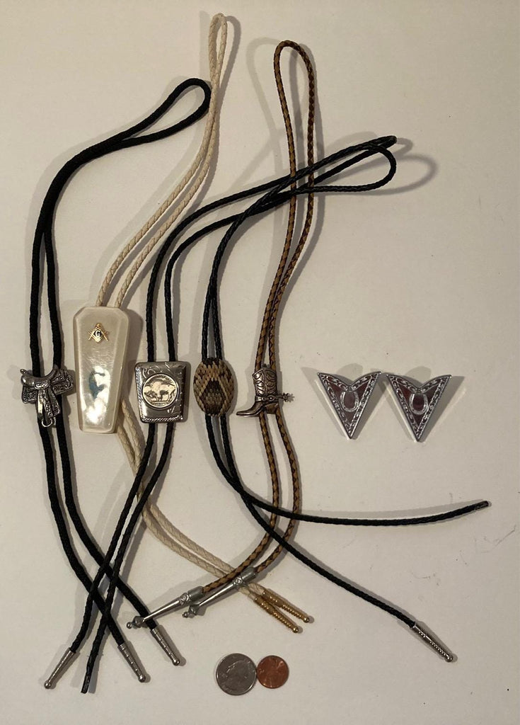 Vintage Lot of 6 Metal Bolo Ties and Collar Tips Set, Nice Designs, Quality, Heavy Duty, Made in USA, Country & Western, Cowboy