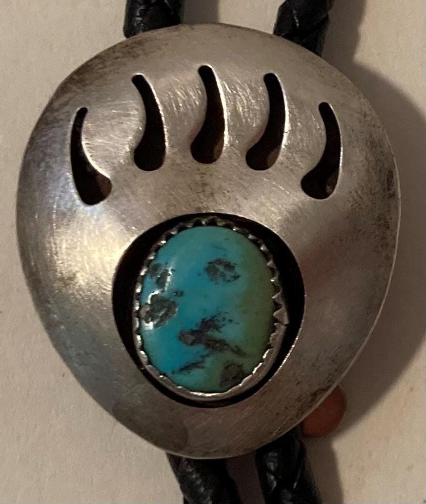 Vintage Metal Bolo Tie, Nice Silver and Blue Turquoise Stone Design, Bear Claw, Grizzly, Nature, Nice Western Design,