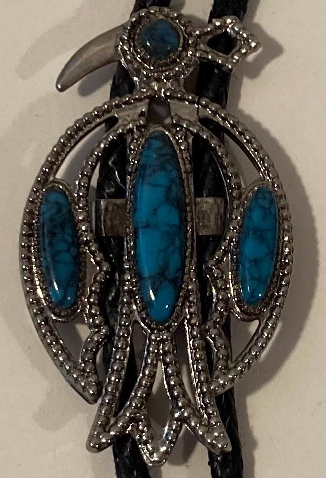 Vintage Metal Bolo Tie, Nice Silver and Blue Turquoise Stones Design, Native, Bird, Nice Western Design, 2 1/4" x 1 1/4", Quality