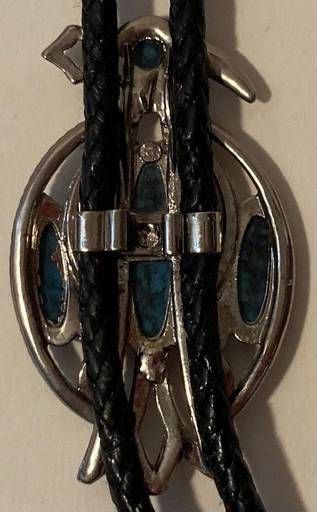 Vintage Metal Bolo Tie, Nice Silver and Blue Turquoise Stones Design, Native, Bird, Nice Western Design, 2 1/4" x 1 1/4", Quality